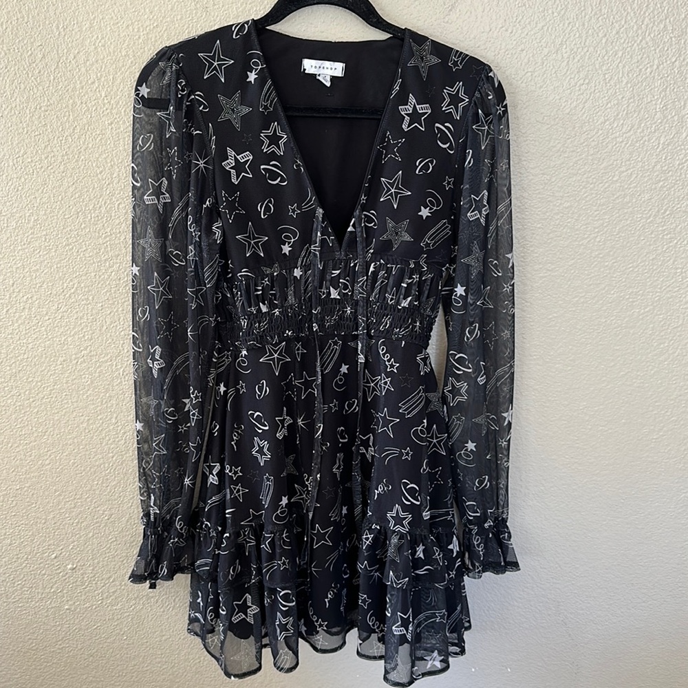 Topshop Black Long Sleeve Stars and Planets Dress Size 4